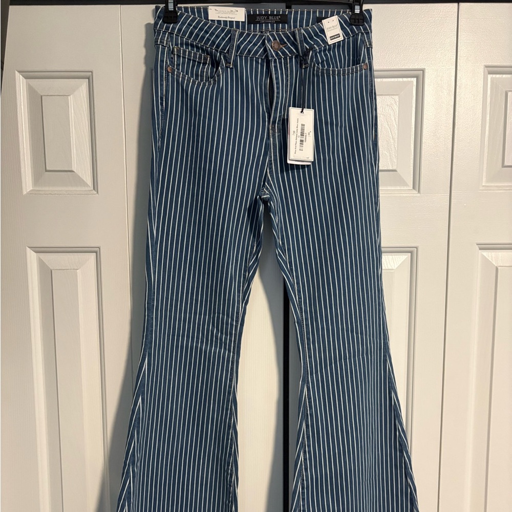 Blue and White Striped Flare Jeans